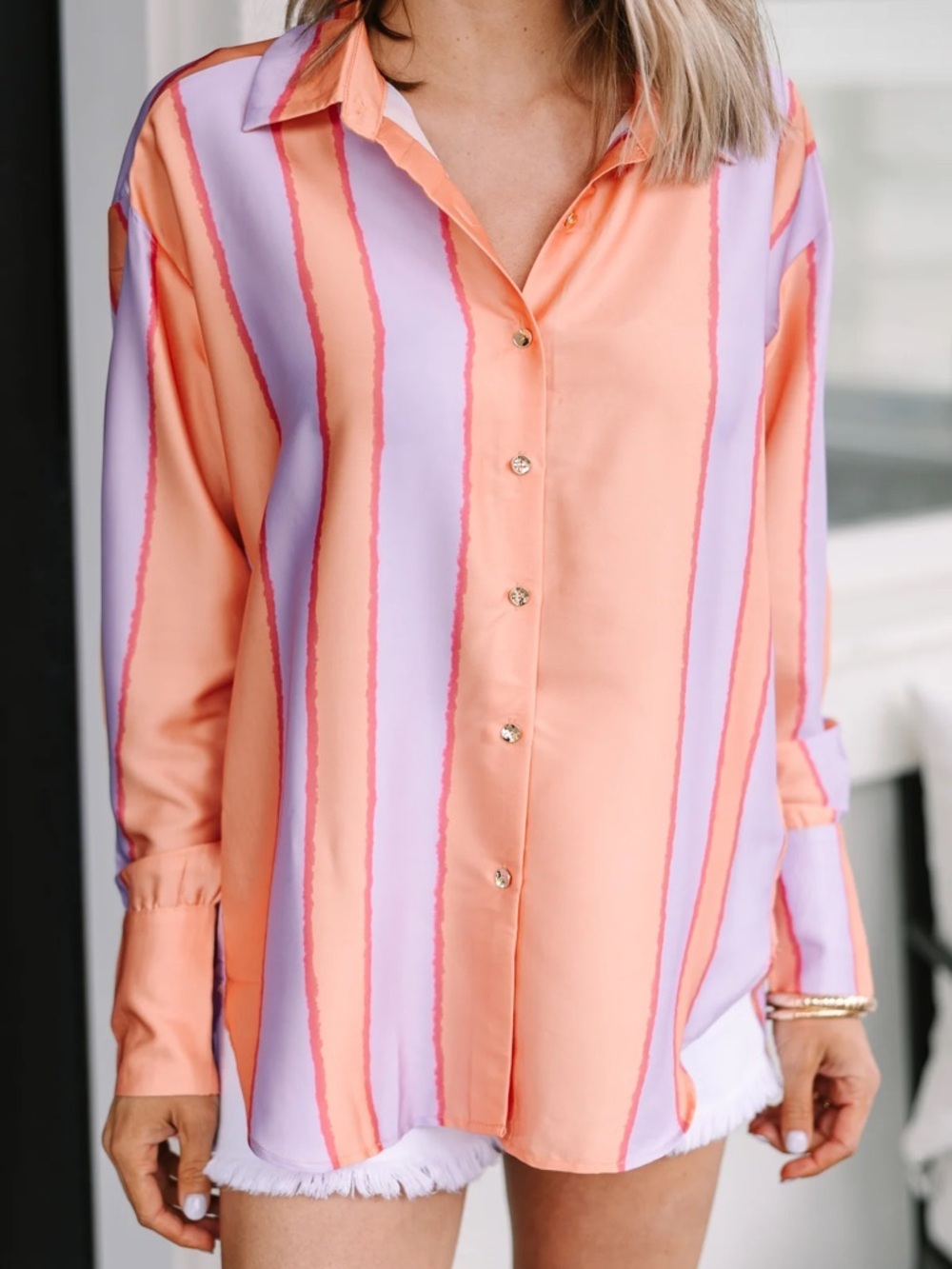 Entro In Your Heart Peach Orange Striped Blouse Silky Satin Top - Picture 2 of 8